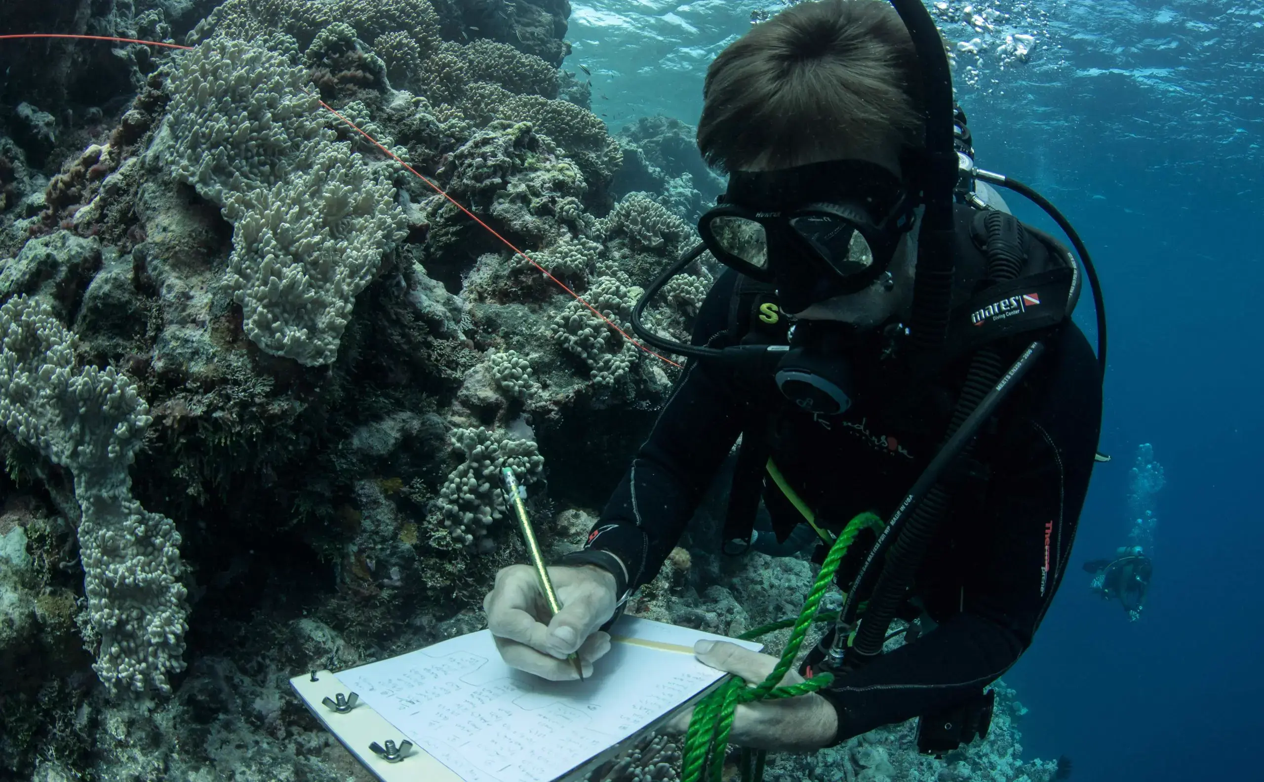 A marine researcher underwater taking notes on a waterproof clipboard.